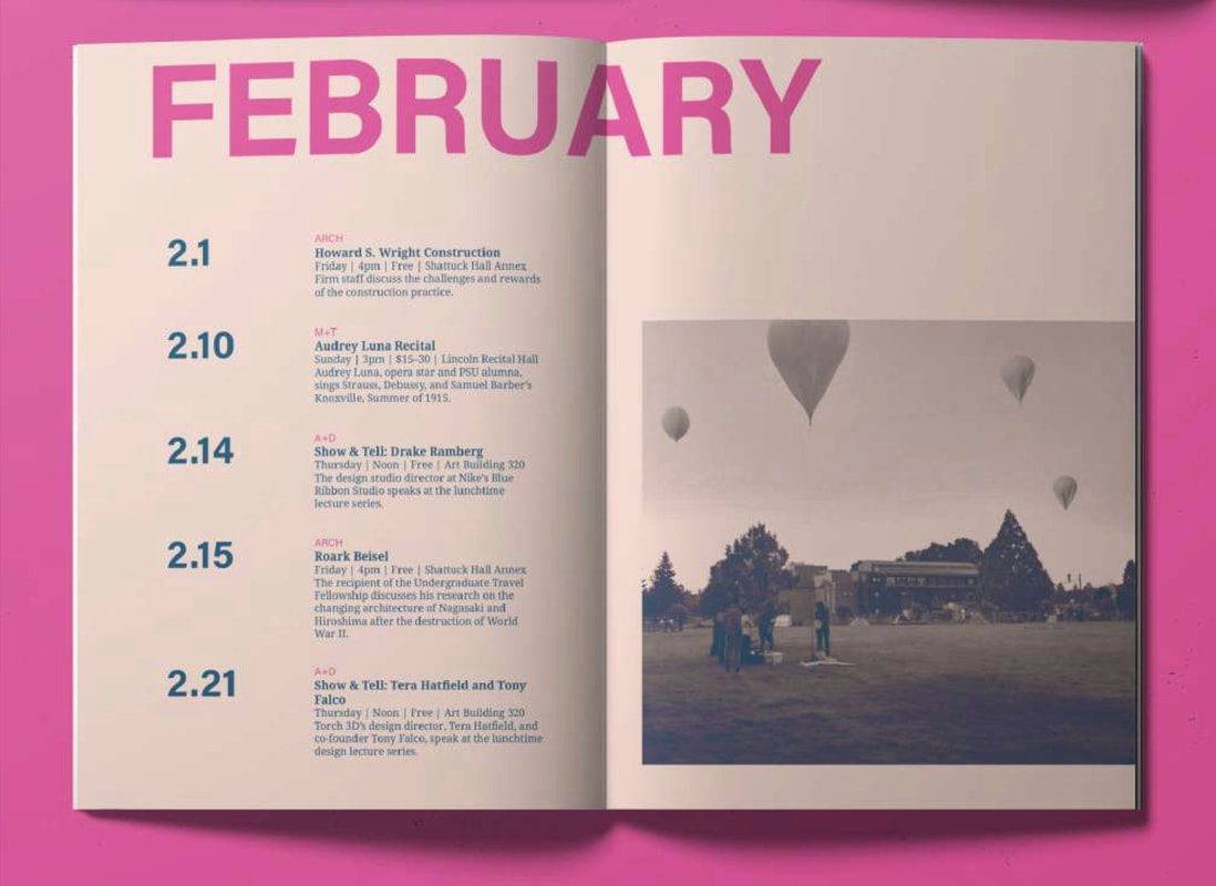 Booklet spread with discipline-specific imagery